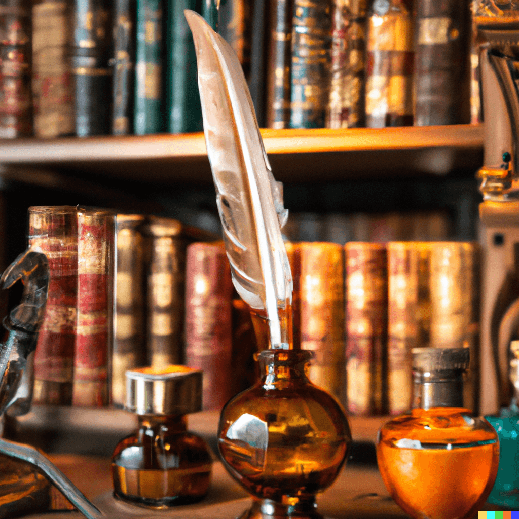 Une plume posée sur le bureau devant une bibliothèque.