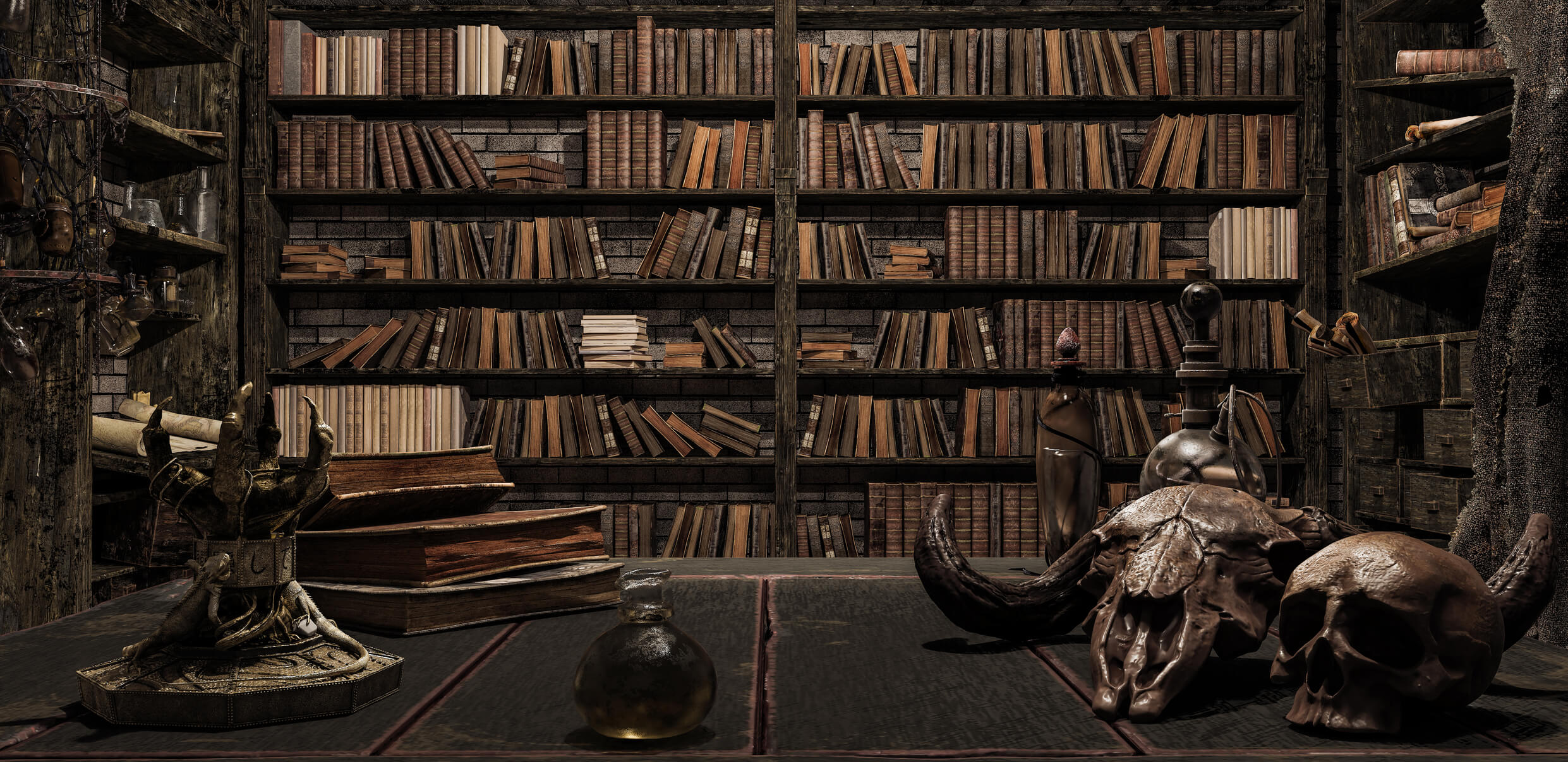 A magic office with bookshelves, animal skulls and ink bottle.