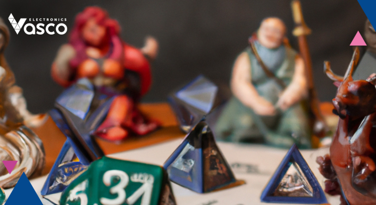 Des dés éparpillés sur le plateau sur un fond de personnages fantastiques.