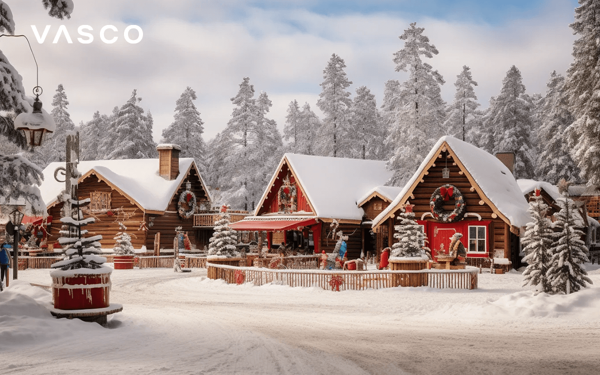 Chalets en bois recouverts de neige.