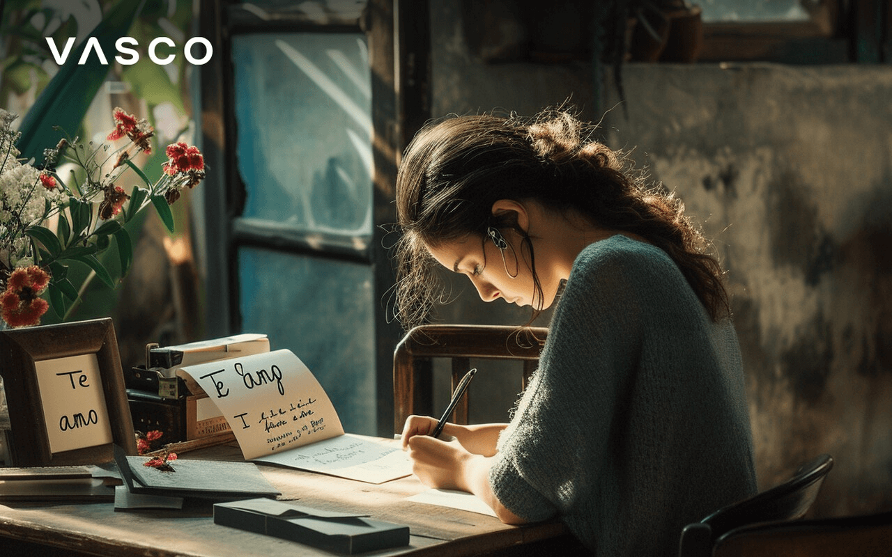 Une femme écrit une lettre dans une langue étrangère. 