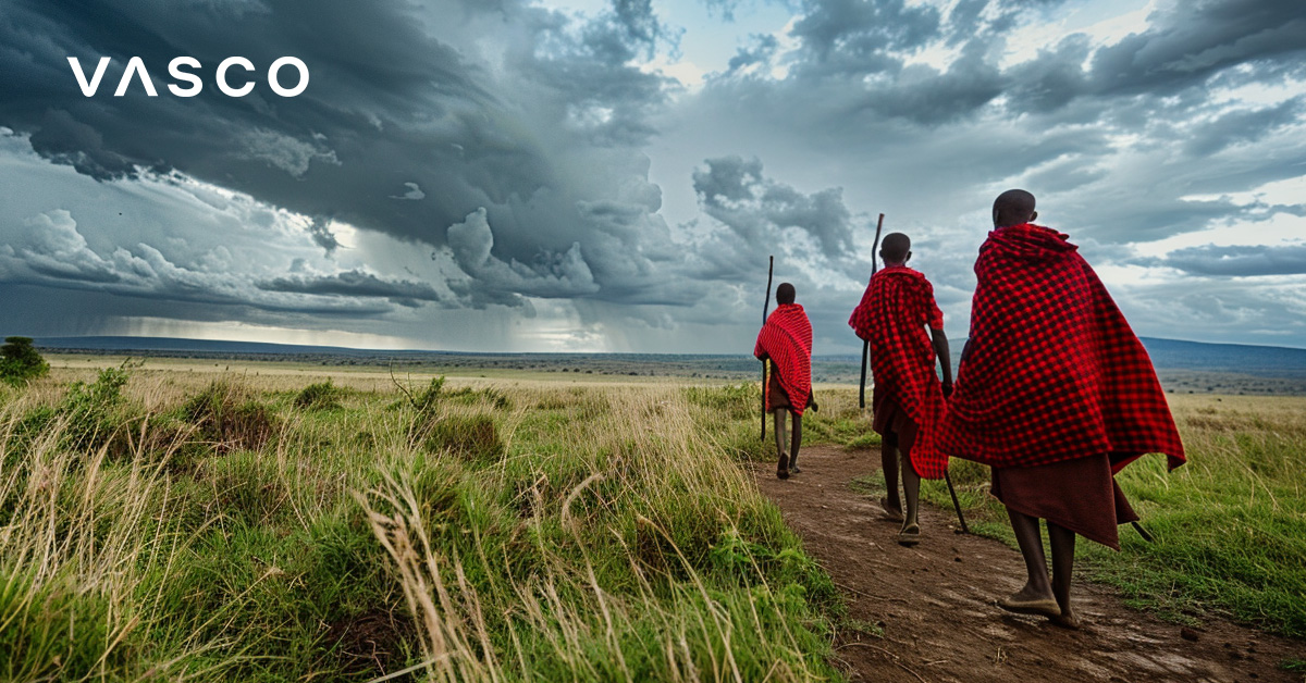 Une photo d'un peuple natif africain marchant dans la savane