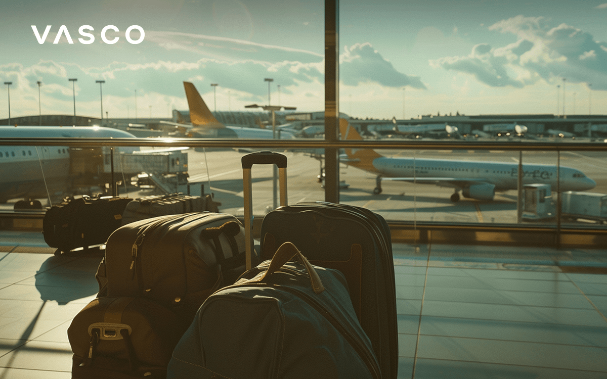 La vue de l'aéroport et une valise de voyage.