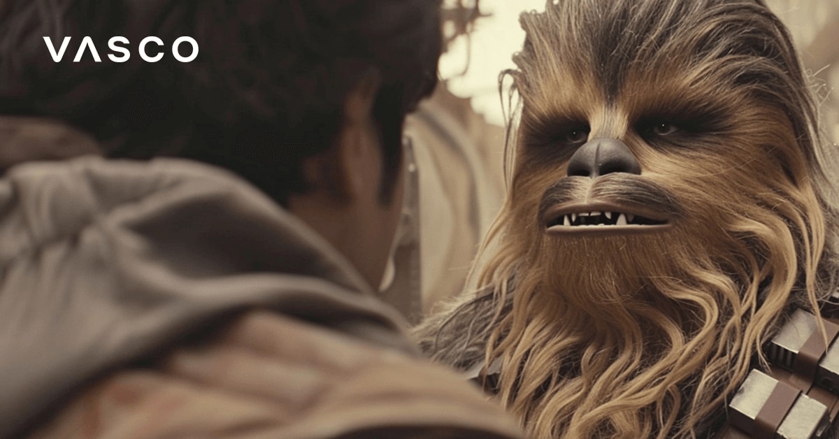 Un Chewbacca qui parle à un humain