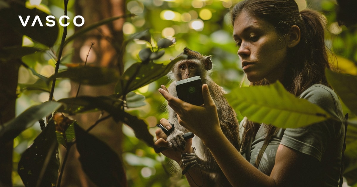 Une femme dans un environnement de jungle, regardant un appareil tandis qu'un singe, curieux, est assis à côté d'elle.