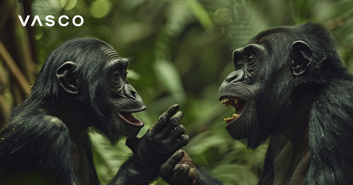 Deux chimpanzés assis très près l'un de l'autre, semblant communiquer dans une forêt luxuriante.