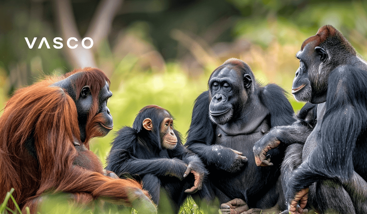 Un groupe de primates, dont un orang-outan, des chimpanzÃ©s et un jeune singe, assis ensemble sur l'herbe dans un cadre naturel.