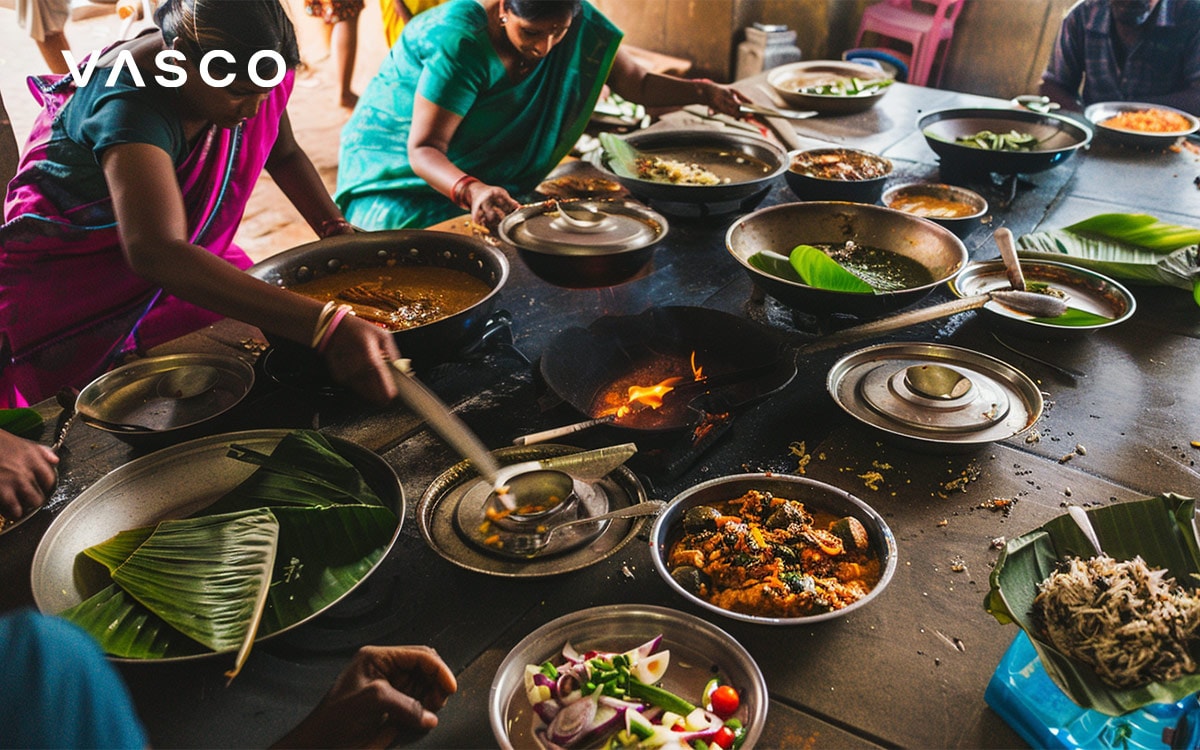  Une scène de cuisine traditionnelle indienne avec divers plats préparés sur le feu