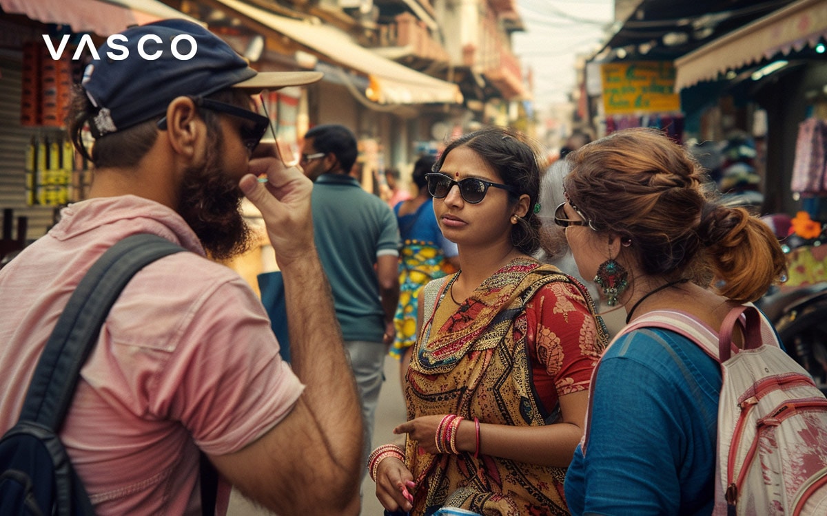  Des touristes qui échangent avec une habitante dans un marché indien en plein air.