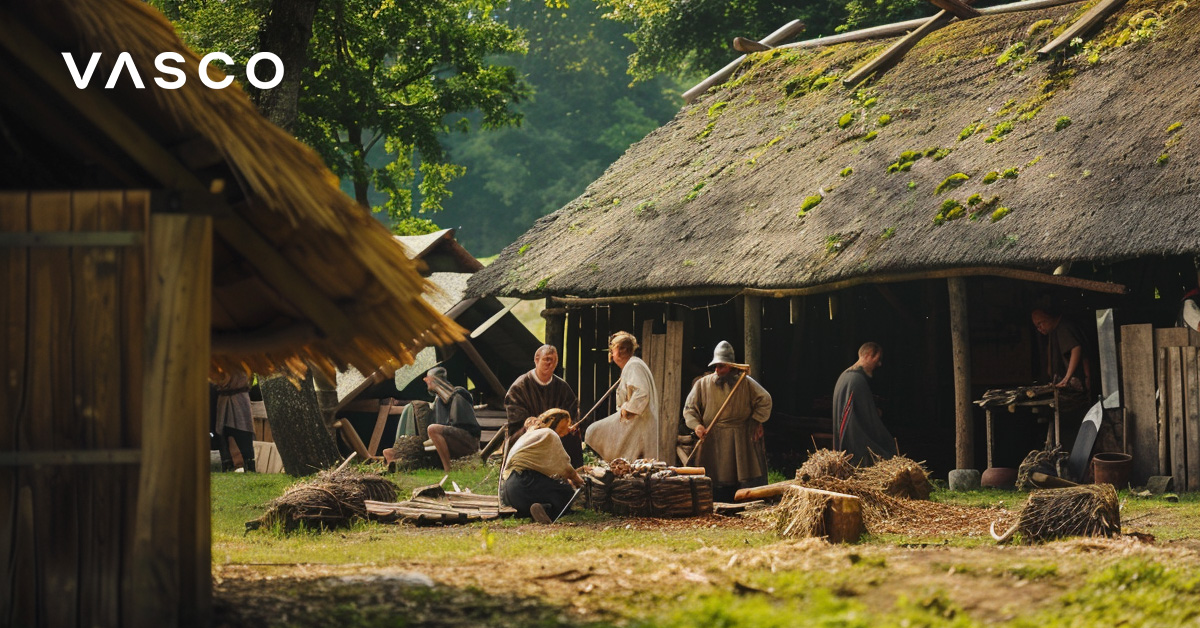 Scène rurale paisible montrant des villageois travaillant autour d'une maison au toit de chaume, entourés de verdure et d'outils. L'image met en valeur l'artisanat traditionnel et la vie en communauté.