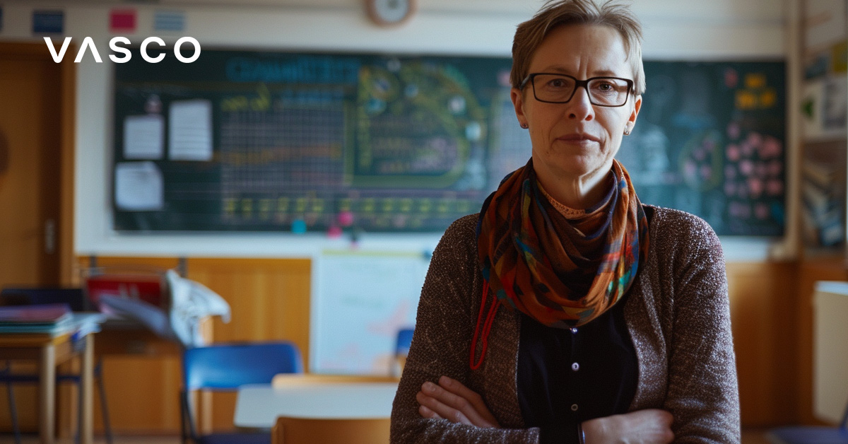 Une femme professionnelle dans une salle de classe, debout et sûre d'elle, les bras croisés. Derrière elle, un tableau noir et des décorations de classe sont visibles, suggérant un cadre éducatif.