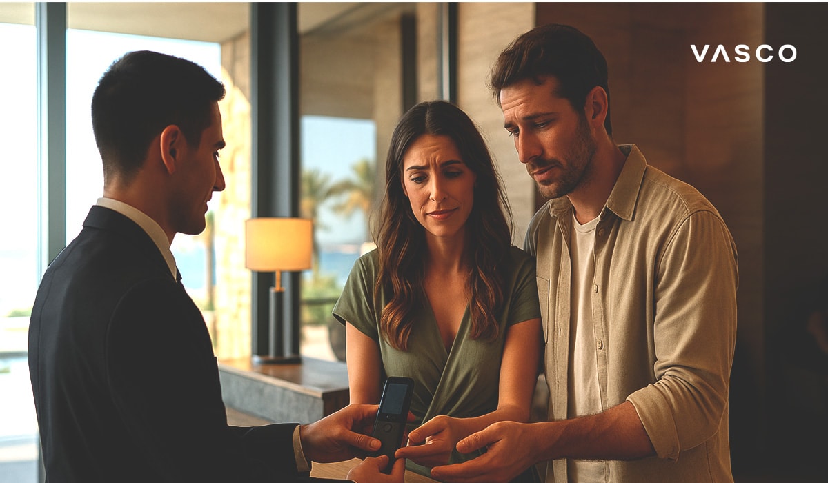 un couple communique avec un homme à l'aide d'un <a href='https://vasco-electronics.fr/'></noscript>