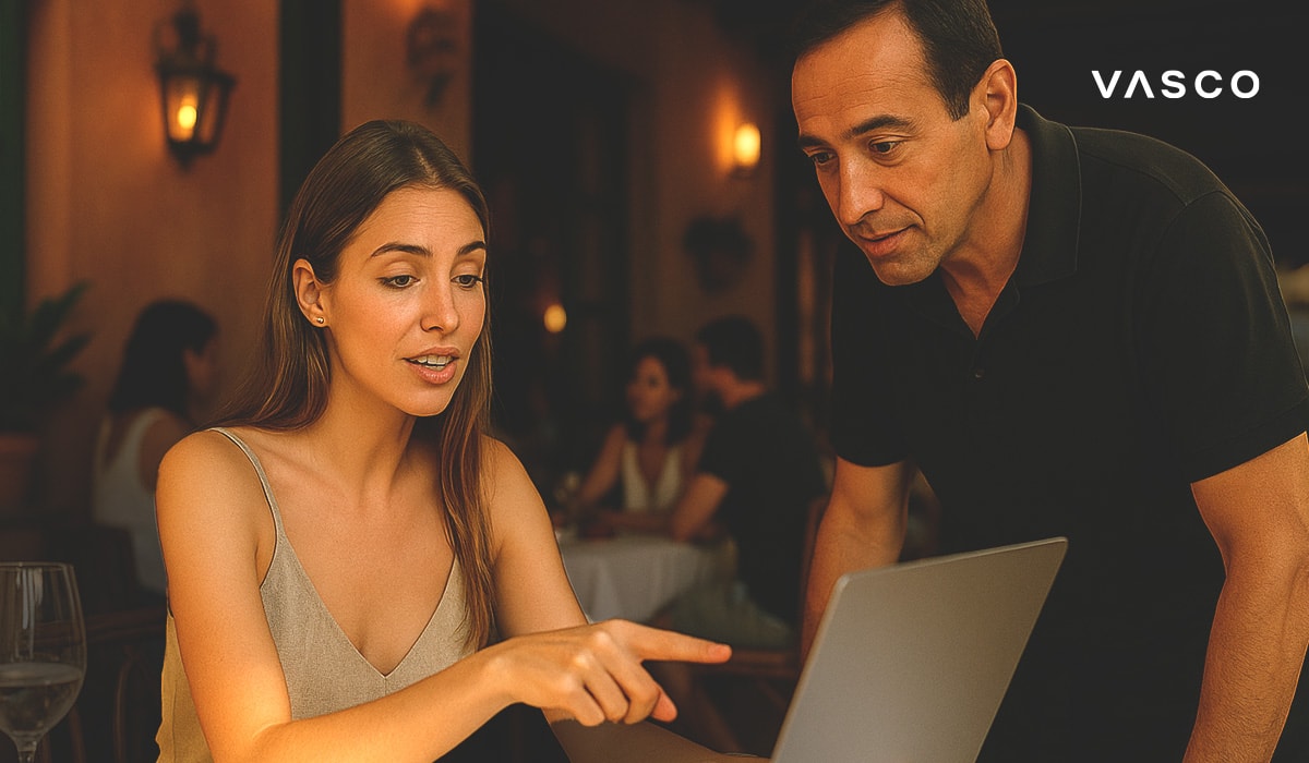 une femme pose une question à un homme dans un restaurant. 