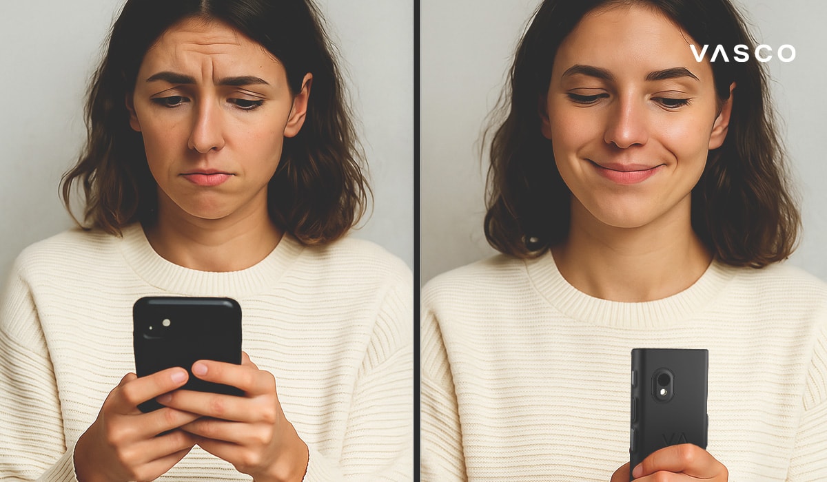 Une femme comparant la frustration ressentie avec une application de traduction classique sur téléphone et la satisfaction d’utiliser un appareil Vasco Translator