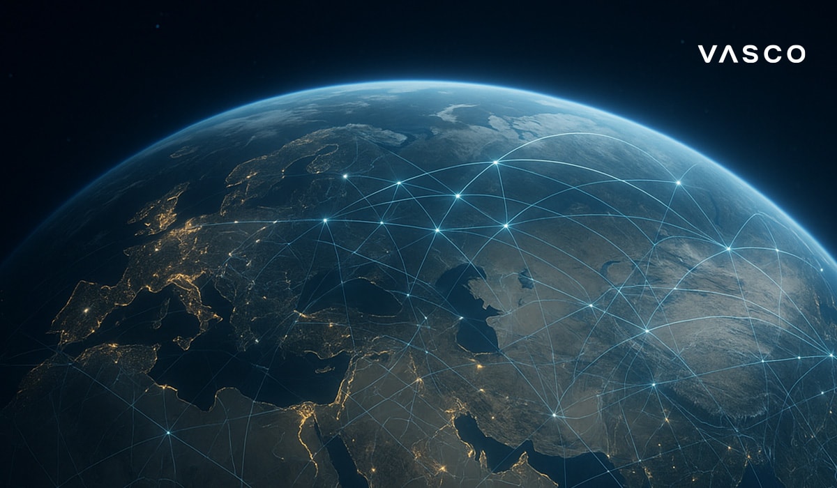 Une vue globale de la Terre avec des lignes en réseau illuminées symbolisant la couverture mondiale et la connectivité du Vasco Translator