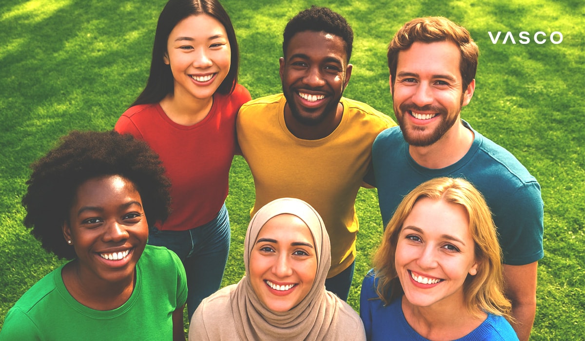Un groupe divers de personnes souriantes, issues de différentes cultures, réunies grâce à une communication fluide avec le Vasco Translator