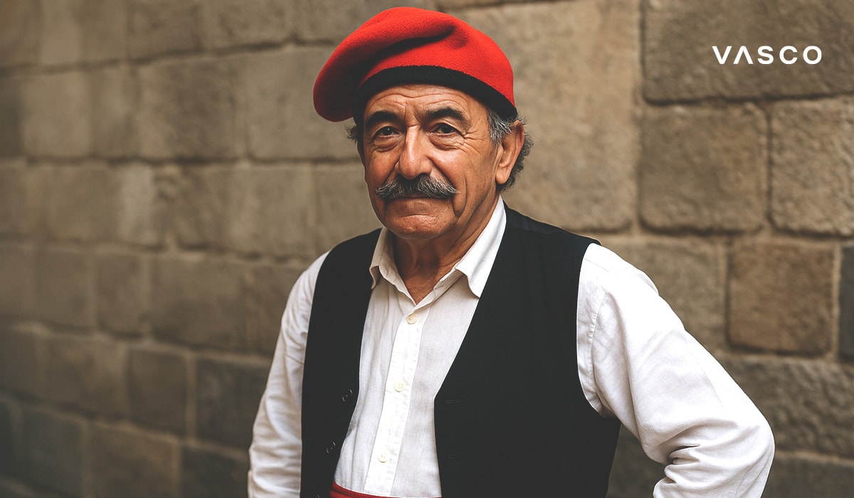 Un homme avec une moustache portant un vêtement traditionnel catalan, incluant une barretina rouge, une chemise blanche et un gilet noir, devant un mur de pierre.