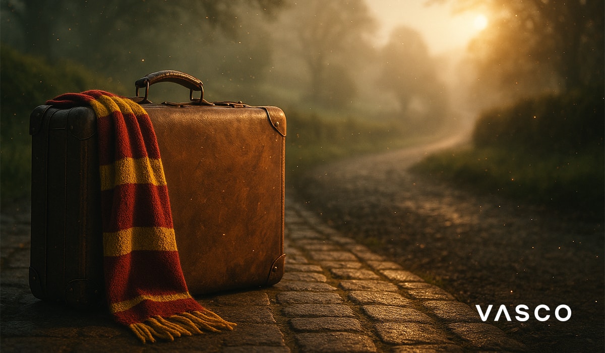  Une vieille valise et une écharpe aux couleurs de Gryffondor sont posées sur un chemin de pavés brumeux, au lever du soleil.