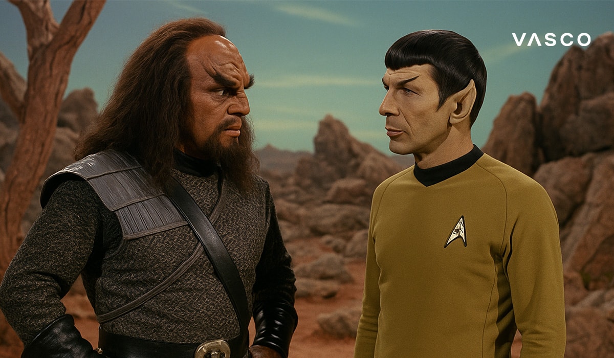 Deux officiers parlant sur une planète rocheuse