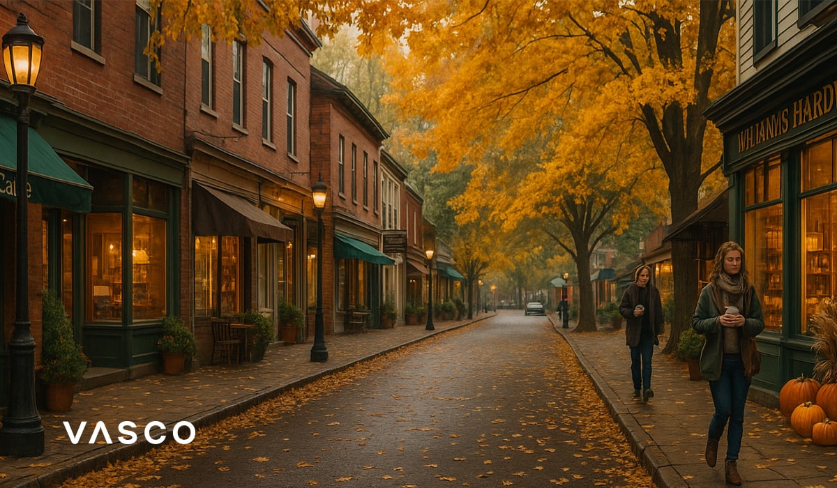 Petite rue urbaine cosy bordée de boutiques et d’arbres dorés d’automne.
