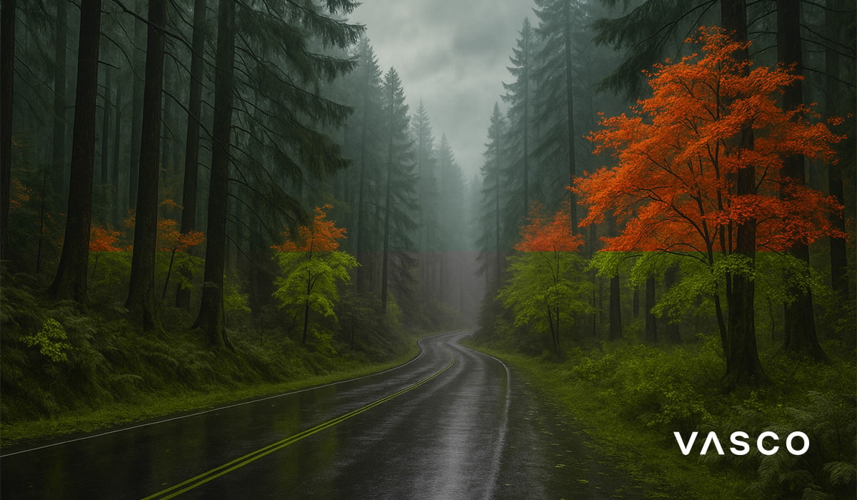 Route forestière brumeuse bordée d’arbres d’automne orange, avec un pavé mouillé.