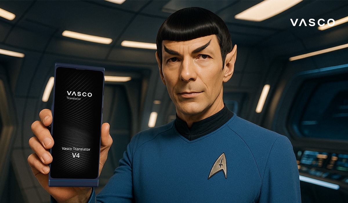 Officier en uniforme bleu tenant le Vasco Translator V4