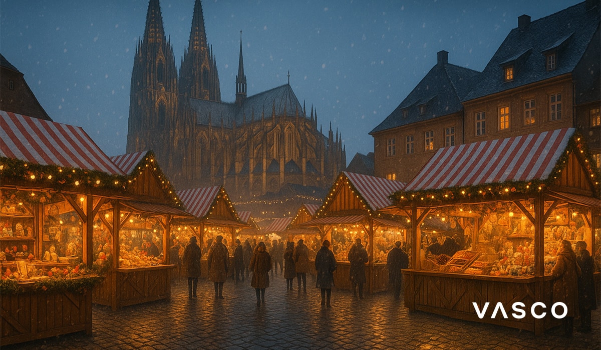 Marché de Noël allemand avec des chalets en bois et une cathédrale gothique en arrière-plan