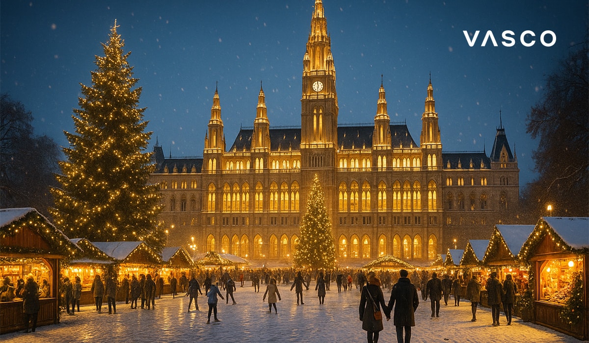 Marché de Noël de Vienne devant l’hôtel de ville illuminé.