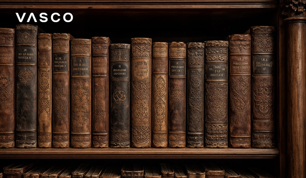 De vieux livres reliés en cuir ornés de motifs celtiques sur une étagère