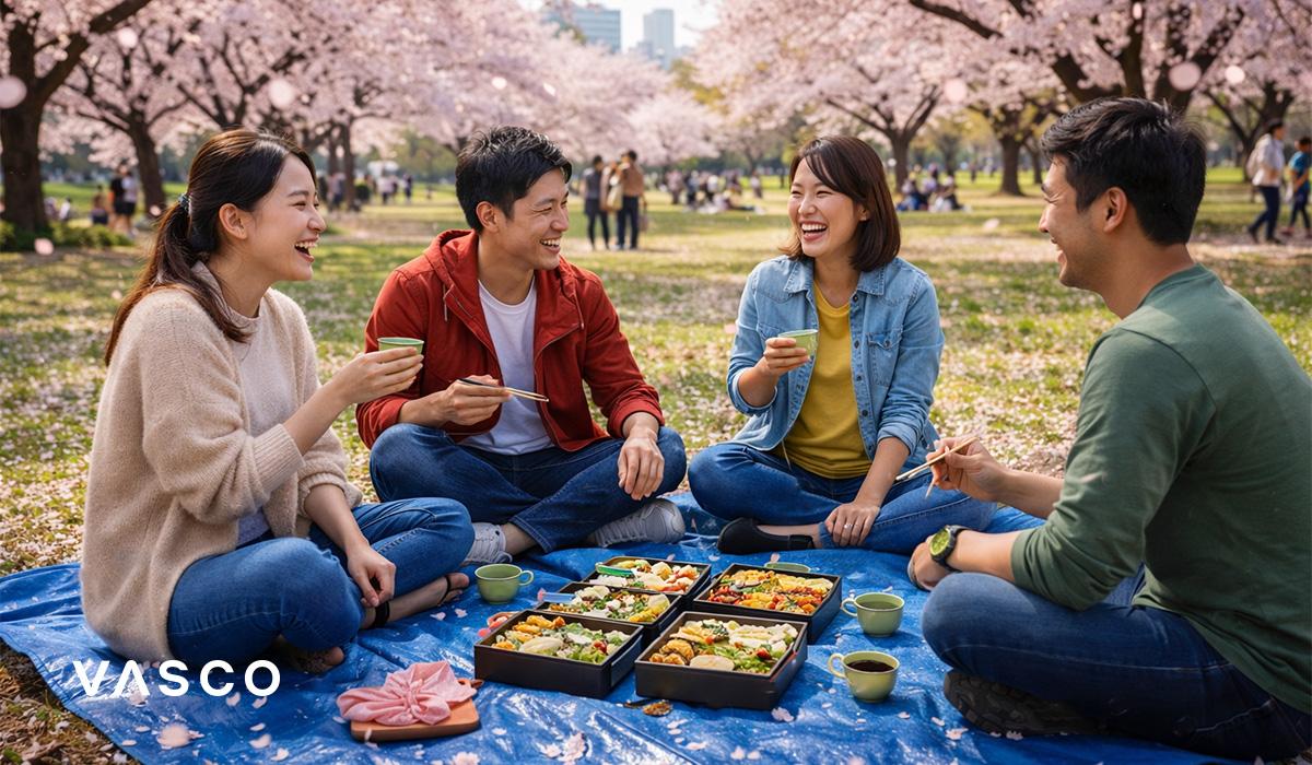 Des amis faisant un pique-nique sous les cerisiers en fleurs dans un parc de Tokyo — voyage au Japon au printemps pendant la saison des sakura.