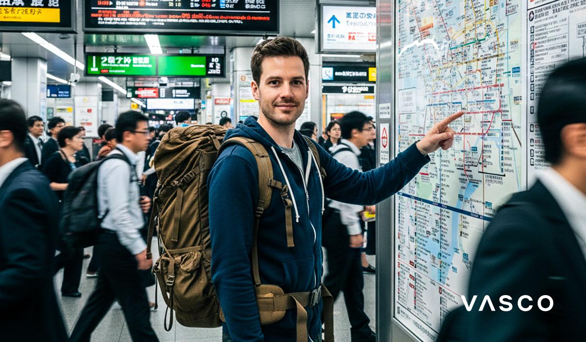 Touriste avec un sac à dos consultant un plan du métro de Tokyo — se repérer dans les transports publics lors d’un voyage au Japon.