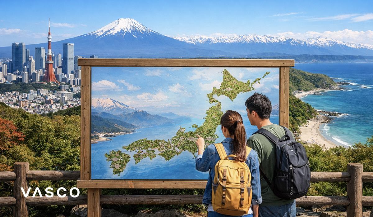 Couple regardant une carte du Japon avec le mont Fuji et la ligne d’horizon de Tokyo en arrière-plan — inspiration pour un voyage au Japon.