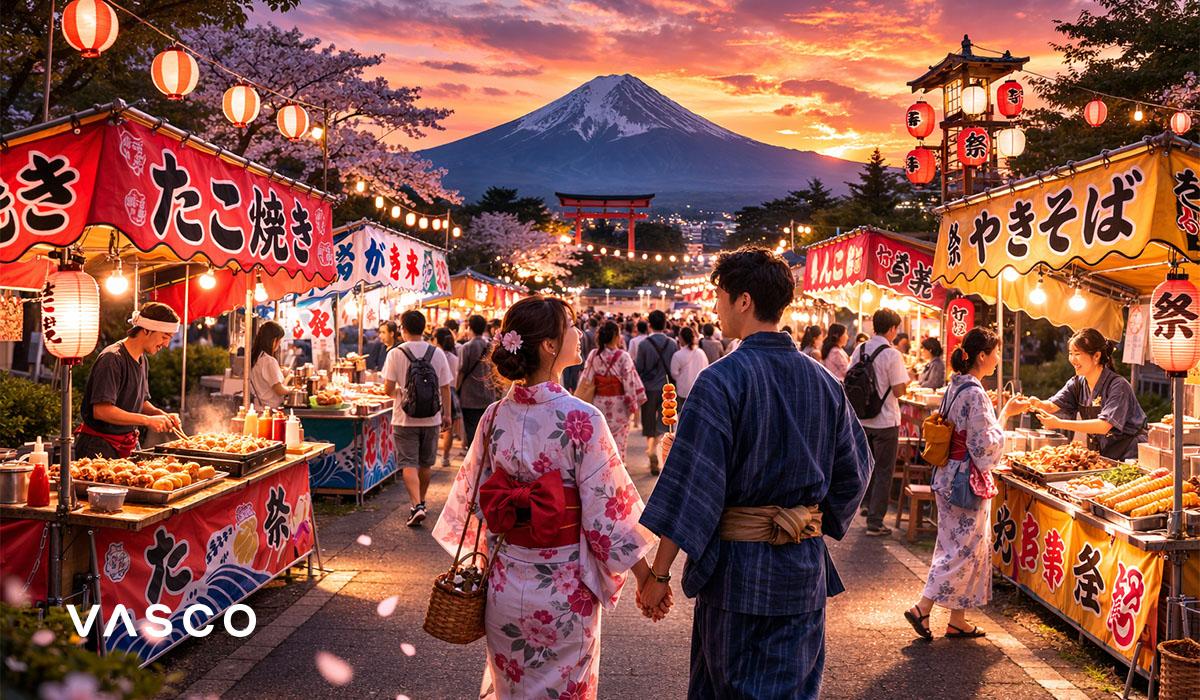 Couple explorant un marché de street-food japonais avec le mont Fuji en arrière-plan au coucher du soleil — expérience culturelle au Japon.