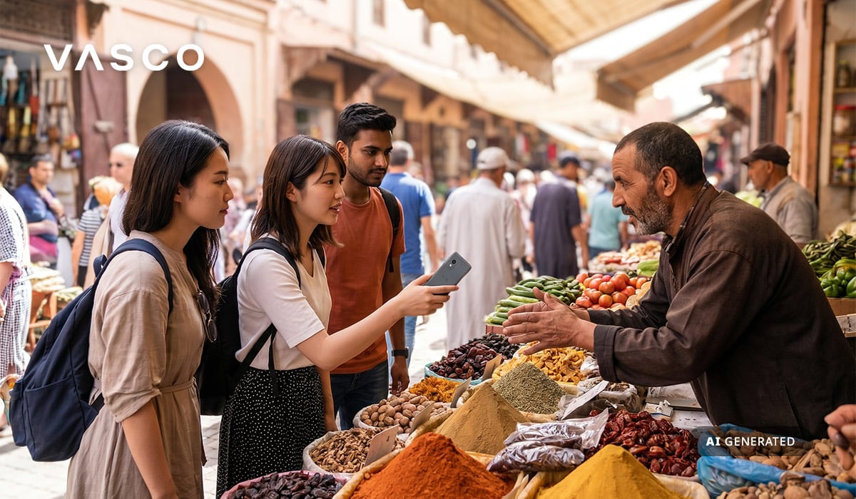 Touristes utilisant un traducteur Vasco pour parler avec un marchand sur un marché local