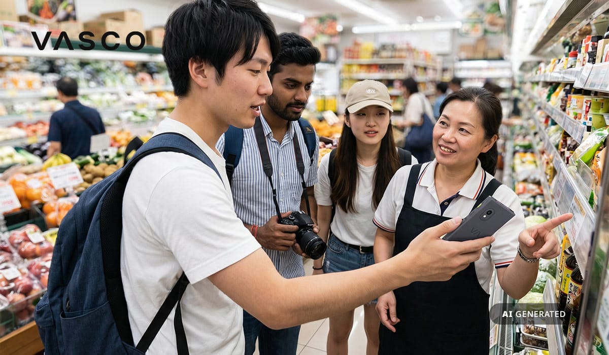 Groupe de touristes utilisant un traducteur électronique Vasco pour demander de l’aide à une employée de supermarché