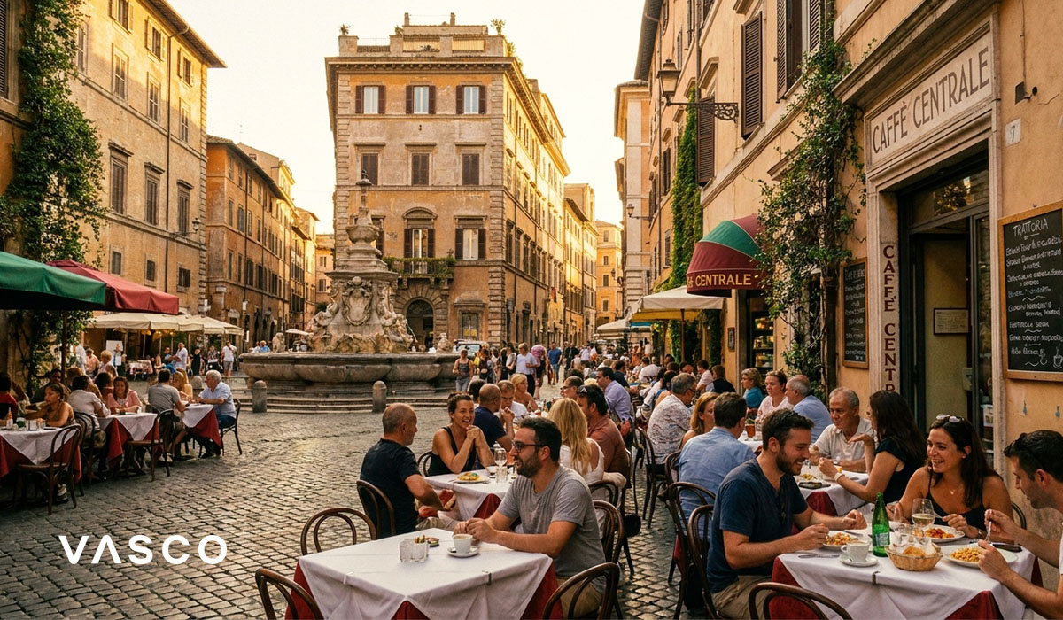 Place historique de Rome avec des restaurants en terrasse et une fontaine sous le soleil