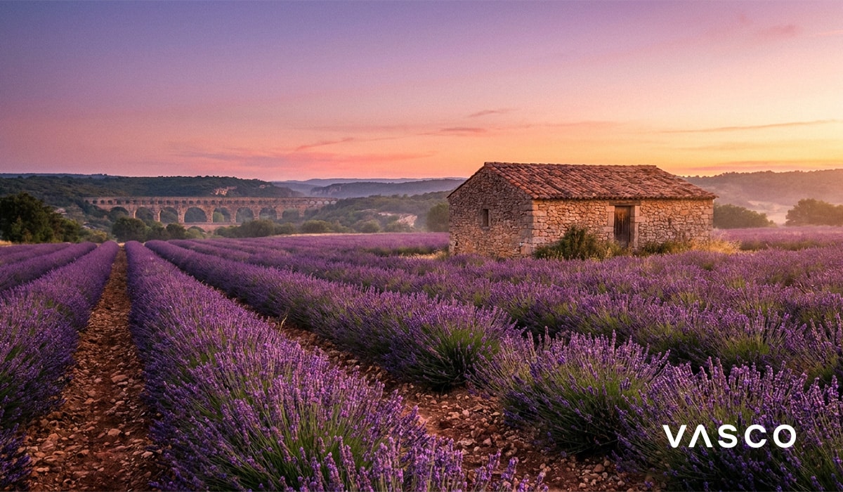 Champ de lavande en Provence au coucher du soleil avec une maison en pierre en arrière-plan