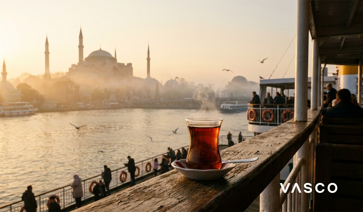 Un verre de thé turc avec vue sur Sainte-Sophie à Istanbul au lever du soleil